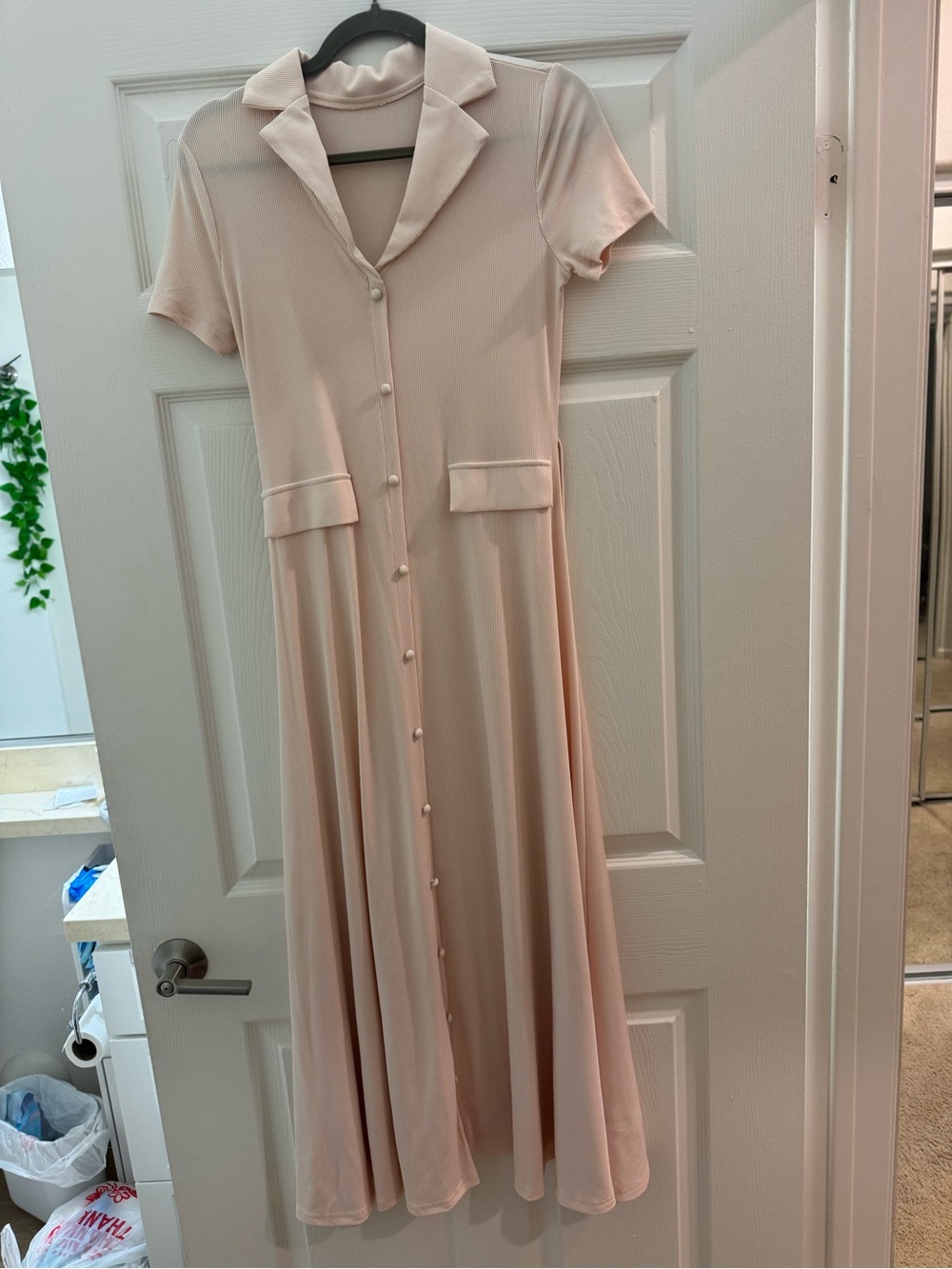 Classic Short-Sleeve Button-Front Maxi Dress in Blush